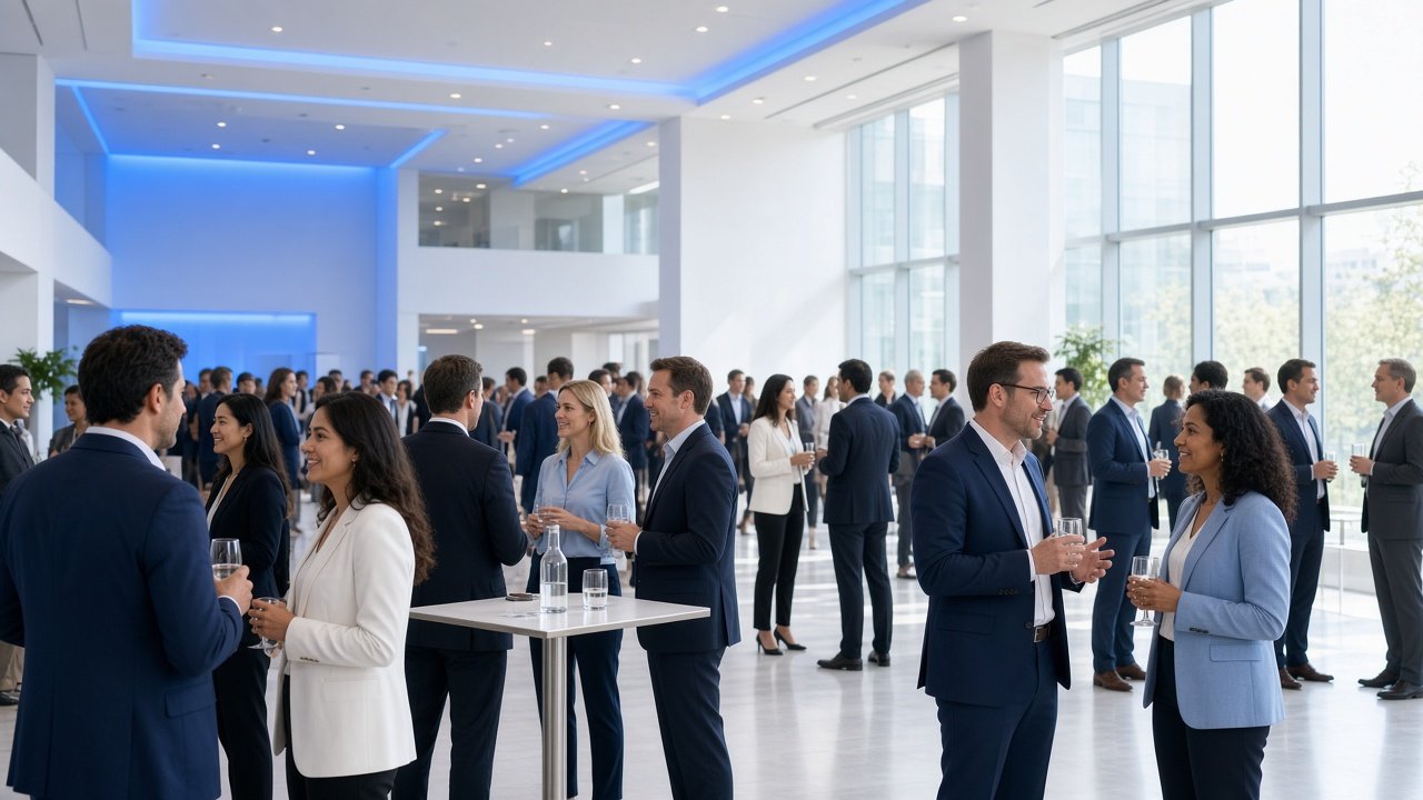 Partners networking at a bright corporate event