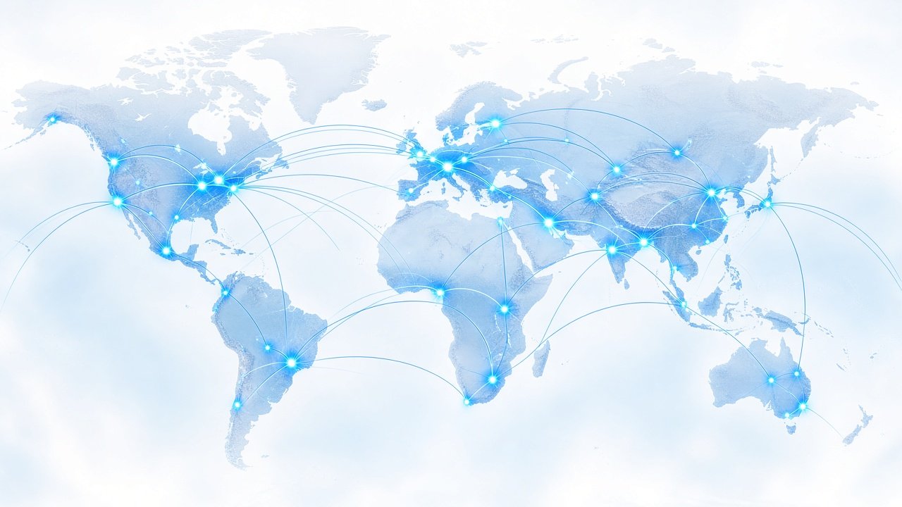 Global network connections on a bright map